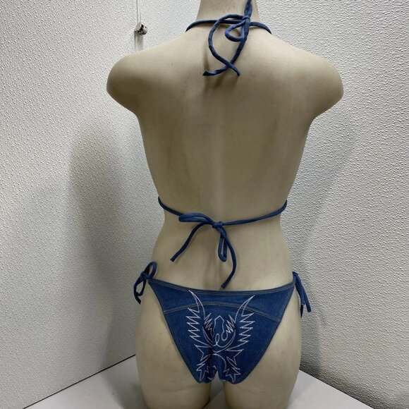 NEW UNDERSTATED Leather Women’s Bootscoot Bikini Set Denim Blue Size M - Picture 7 of 15